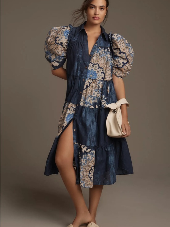 Anthropologie Dresses & Skirts - Anthropologie Let Me Be Puff-Sleeve Patchwork Cotton Midi Shirt Dress Large
